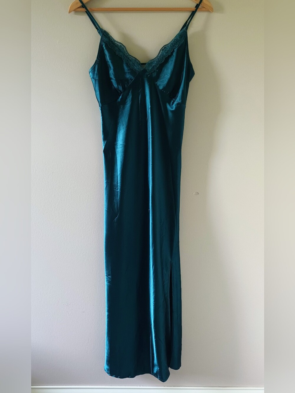 Teal Satin Slip Dress with Lace Trim